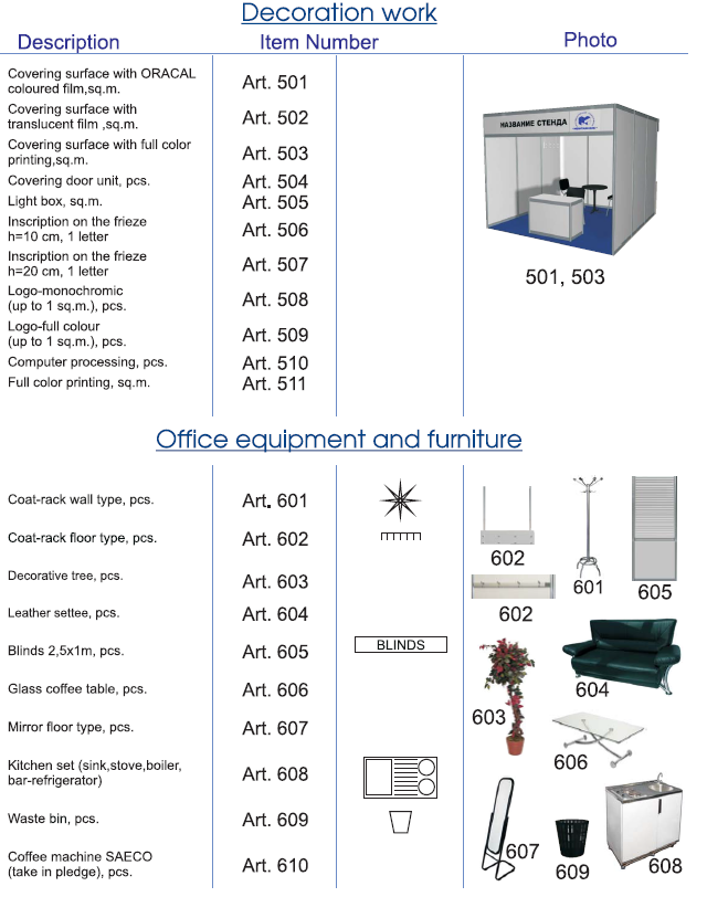Additional equipment: decoration work and office equipment and furniture